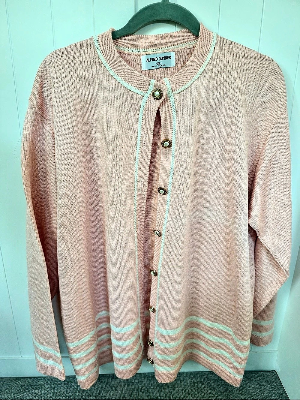 Preppy Alfred Dunner Striped Cardigan in Pink & White Size XL